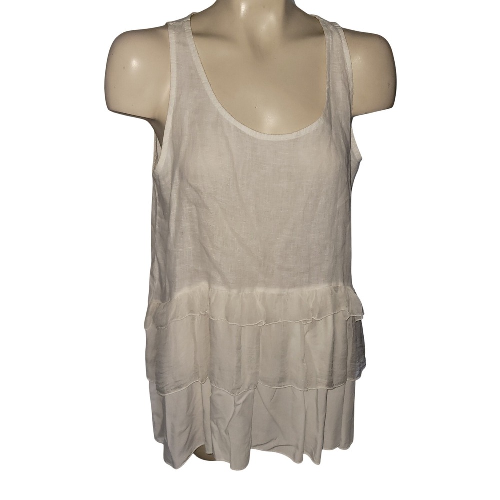 ANGELA MARA White Linen Blend Tiered Ruffle Tank Tunic Top Breathable sexy beach